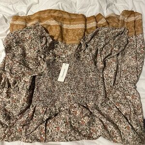 Francesca's Collections Floral Smocked Blouse - Brown and Cream